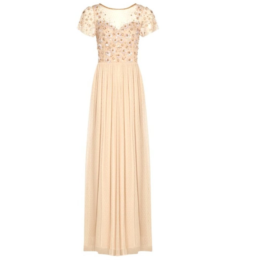 $279 Adrianna Papell Floral 3D Hand Beaded Illusion Gold Lace Gown, Size 12, NWT